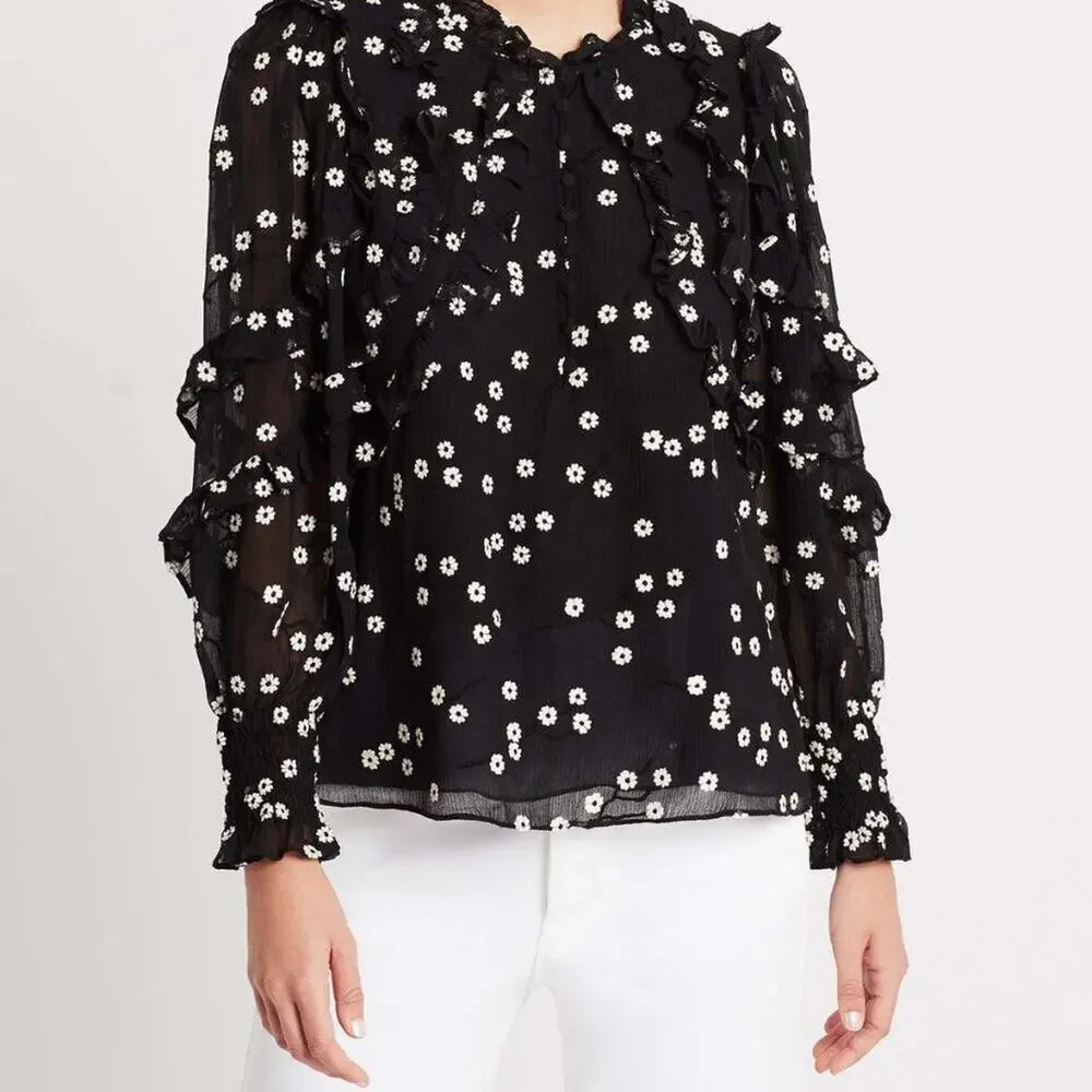 Rebecca Taylor Black Daisy Floral Ruffle Blouse Size 2 — Romantic Silk Top - Picture 3 of 8